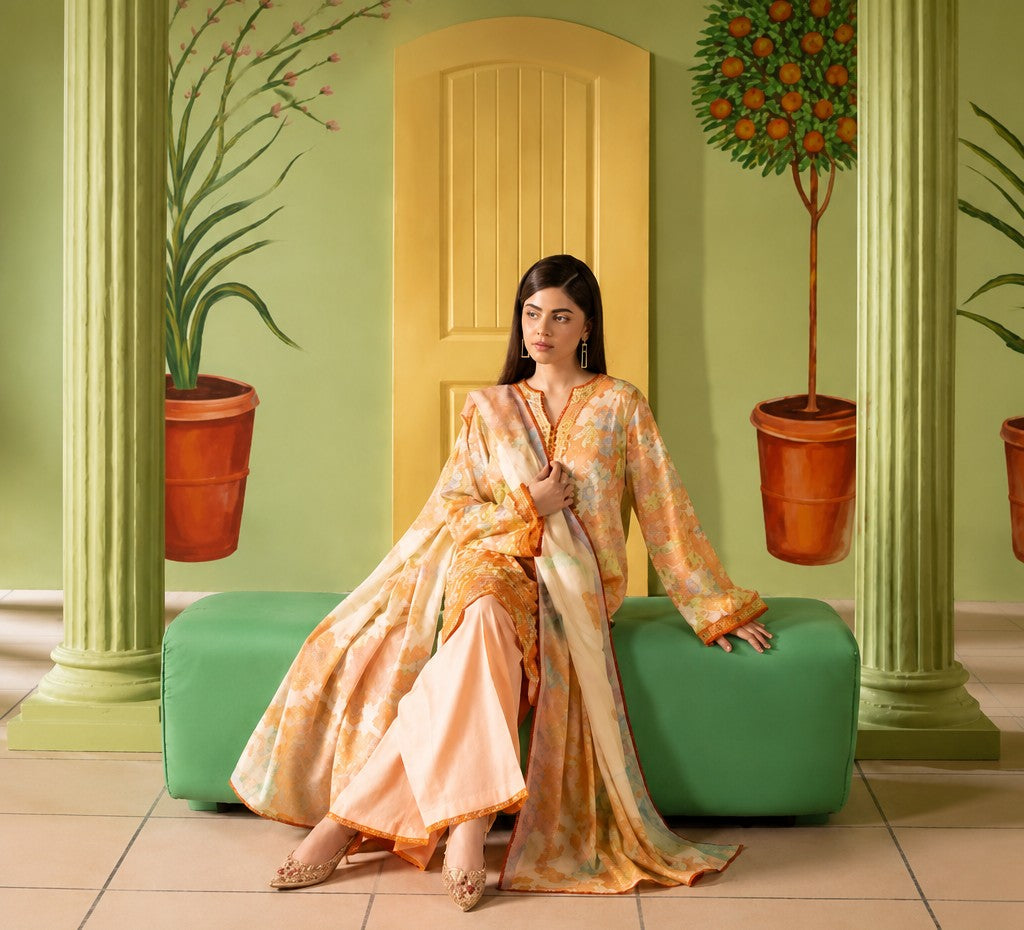 Elegant Peach Printed 3-Piece Suit